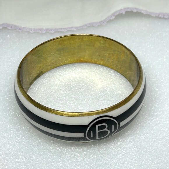 Vintage Black & White Striped Monogram "B" Bangle Bracelet w Gold Tone - Picture 3 of 7
